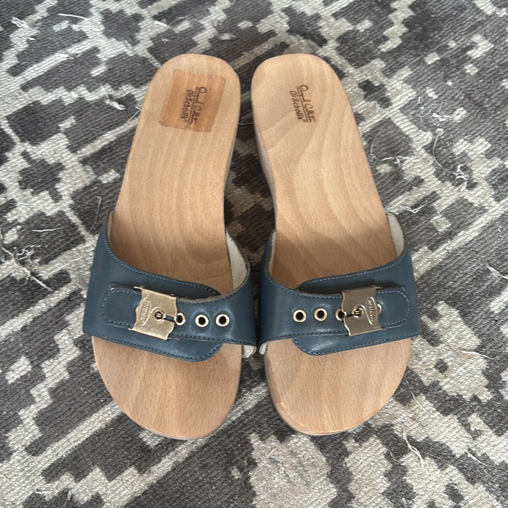 DR. SCHOLL’S Original Exercise Leather Buckle Platform Clog Sandals Navy 37 New